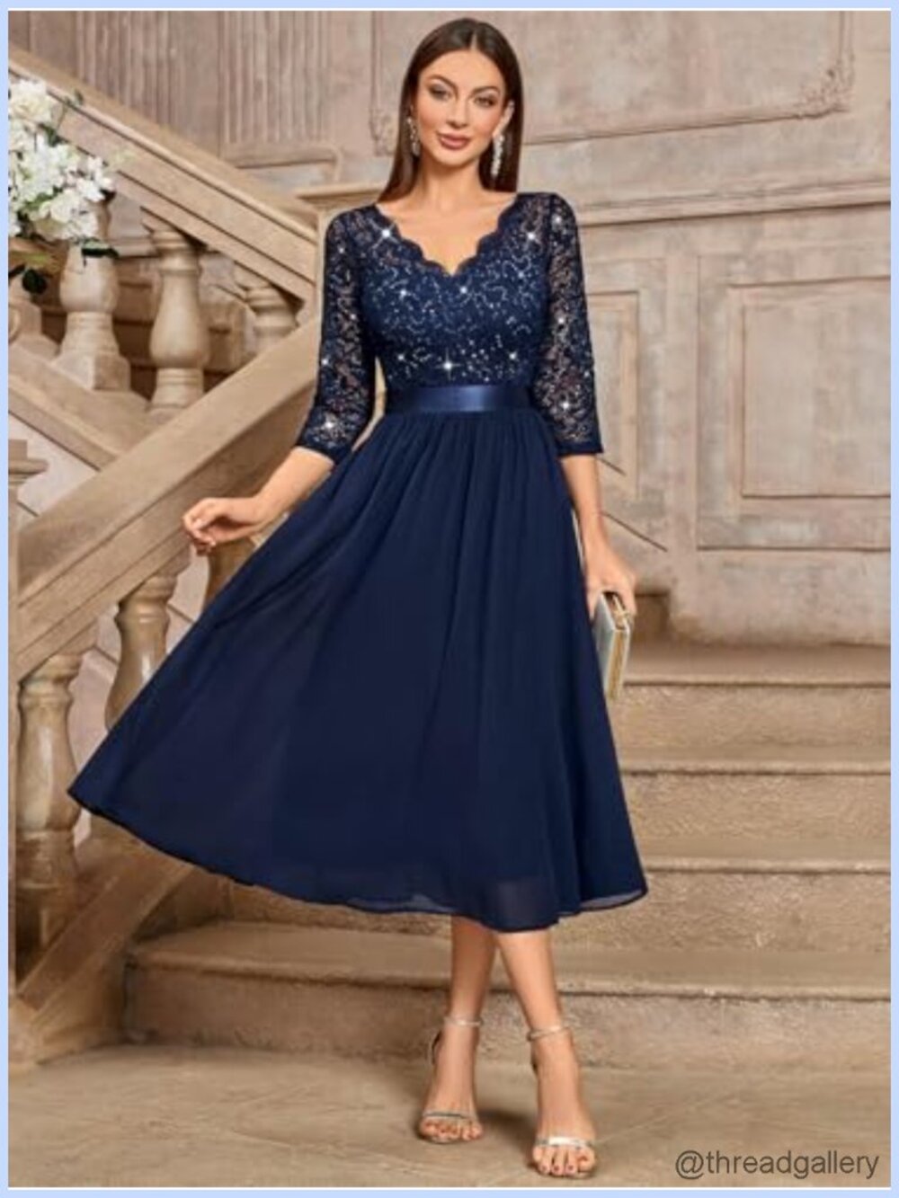 V-Neck Sequin Lace 3/4 Sleeve Chiffon A-Line Bridesmaid Party Dress - Picture 2 of 6